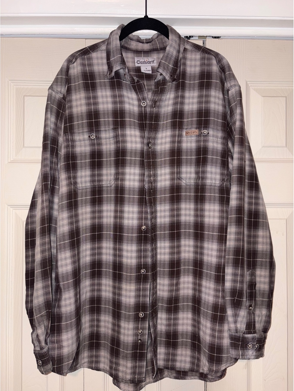 Carhartt Flannel Shirt Mens L Brown Plaid Button Front Workwear Grunge Western
